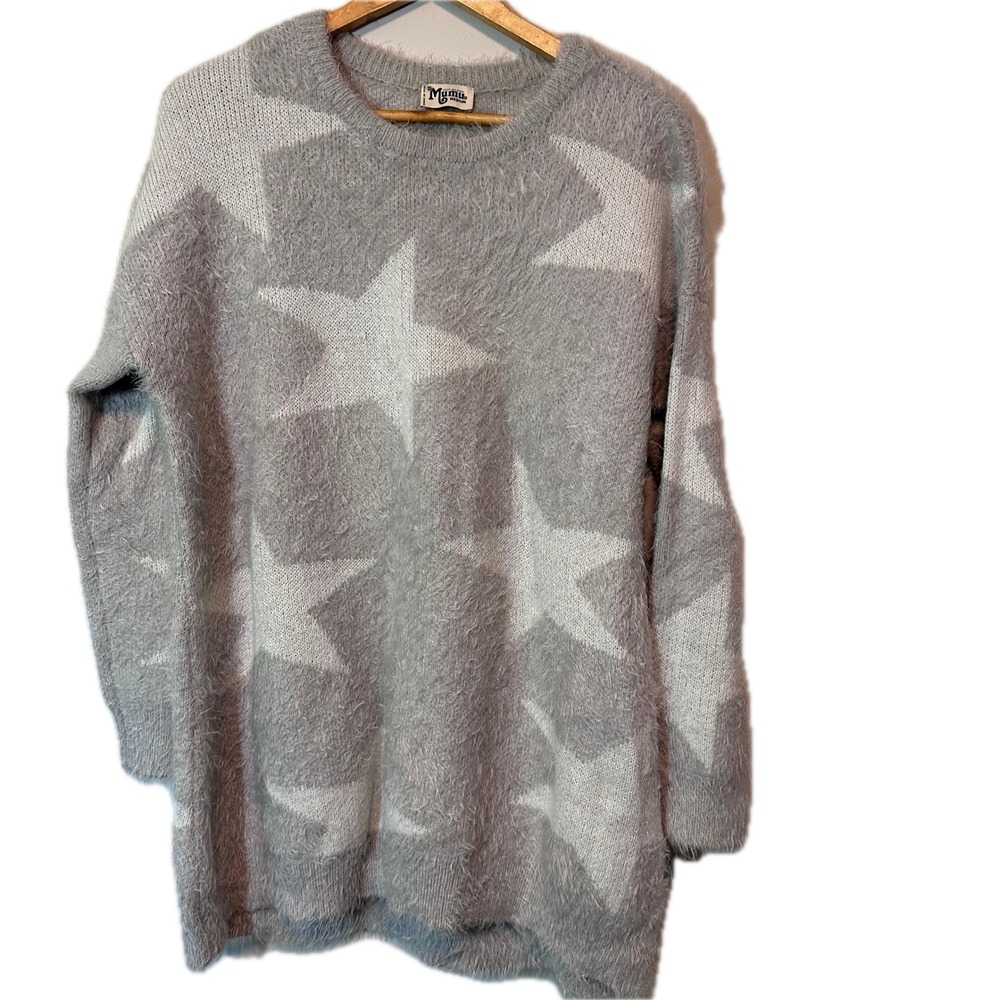 Show Me Your Mumu Leighanne Sweater Medium Fuzzy Star Knit Grey Metallic Lurex